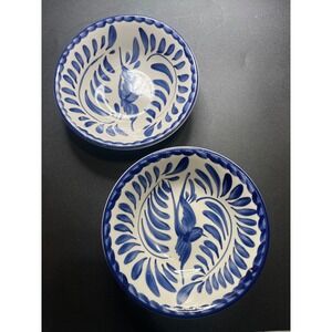 Anfora Blue White Bird Floral Design Ceramic Small Bowl Dish Set of 2